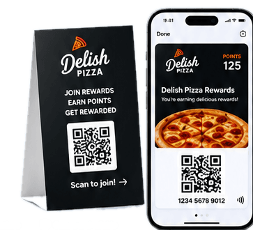 A table tent and phone showing a scannable QR rewards pass