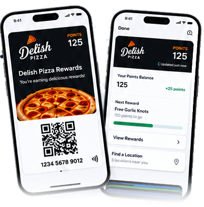 Two phones showing a branded rewards pass and a points balance with the next reward